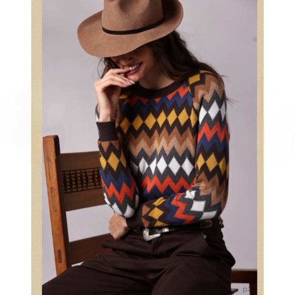 Minnie Rose Multicolor Crewneck Chevron Intarsia Sweater Cotton Blend Size XS - Picture 1 of 7